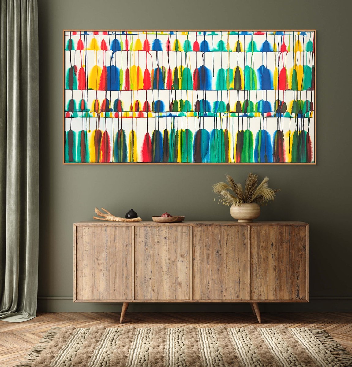 A colorful abstract composition of vertical shapes and dripping paint on a white background.