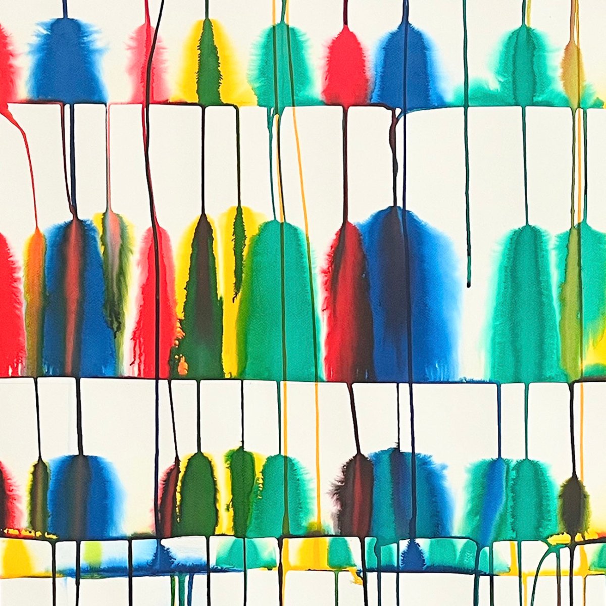 A colorful abstract composition of vertical shapes and dripping paint on a white background.