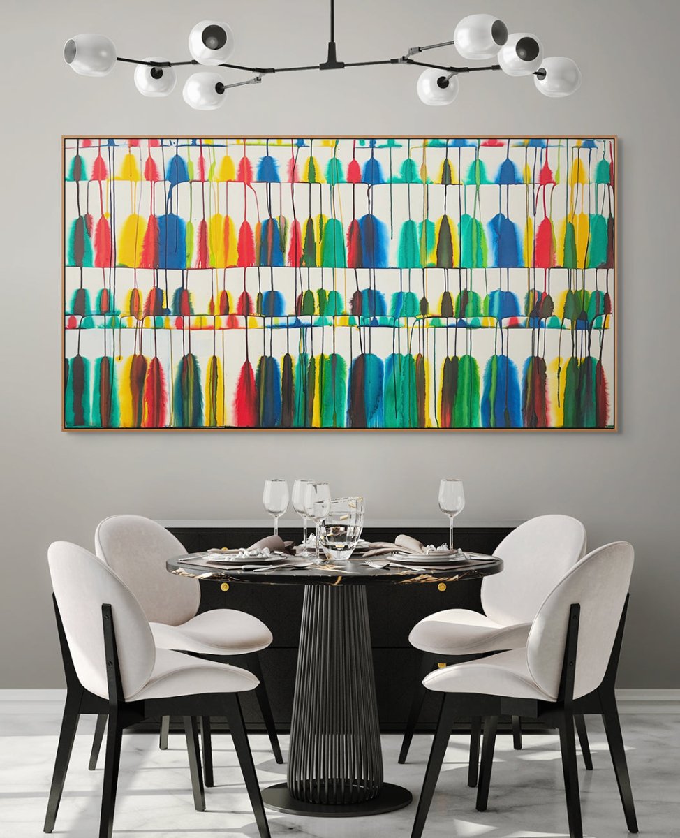 A colorful abstract composition of vertical shapes and dripping paint on a white background.