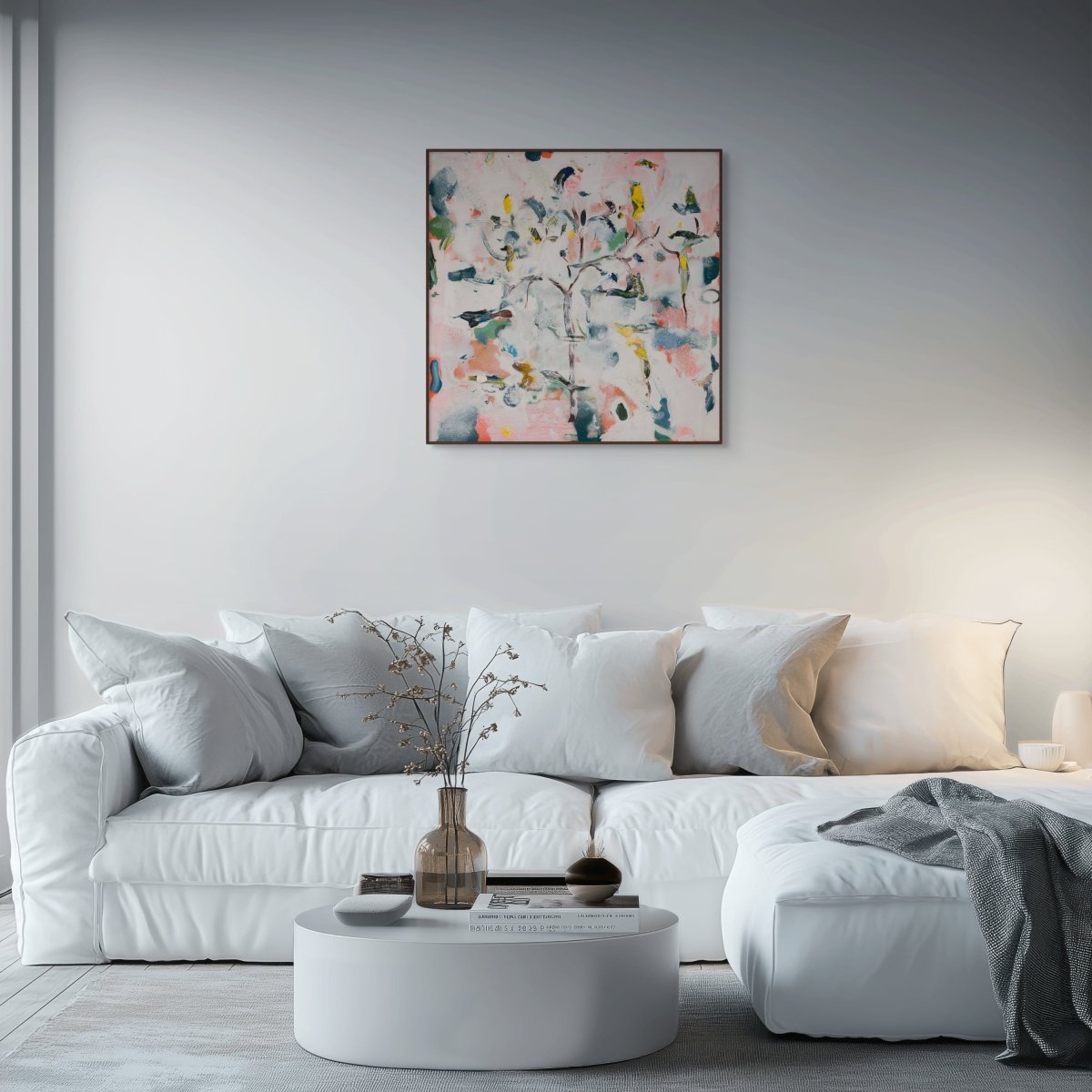 An abstract painting featuring a central tree-like form amidst a vibrant, chaotic background.