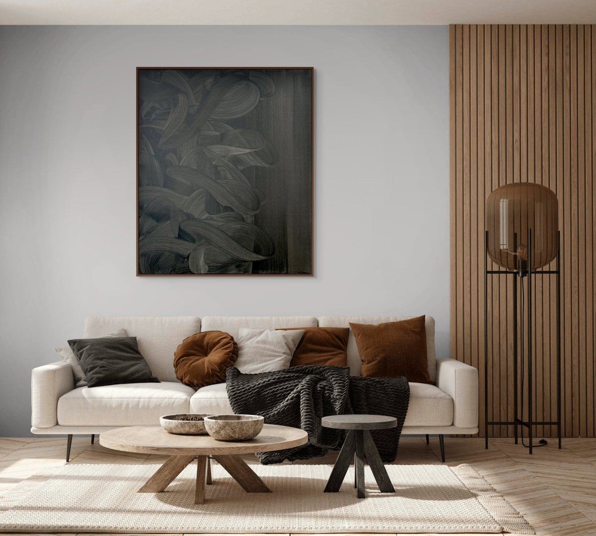 A monochromatic abstract composition featuring tangled ribbons against a textured background.