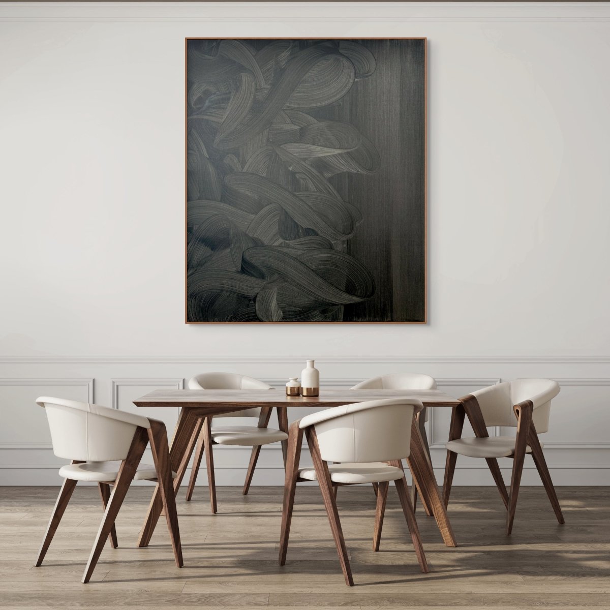A monochromatic abstract composition featuring tangled ribbons against a textured background.