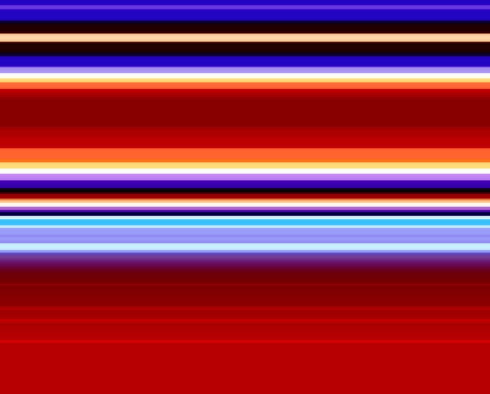 A vertical abstract composition of colorful horizontal stripes against a solid red background.