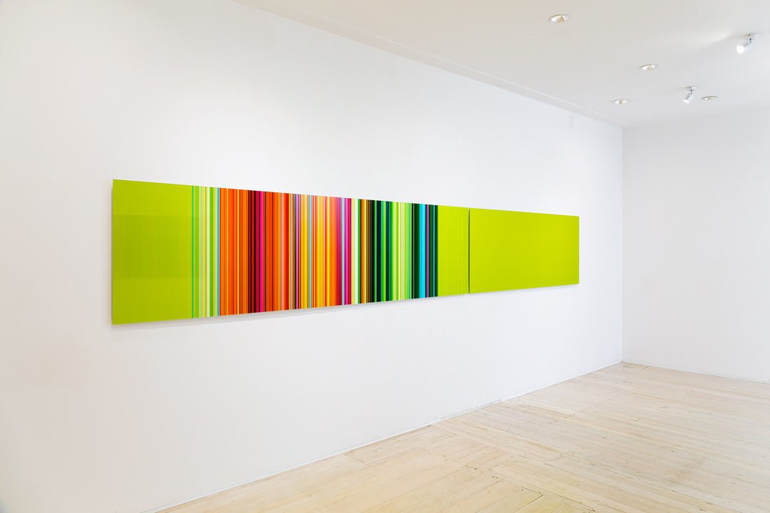 A vibrant abstract composition featuring a dense band of vertical stripes against a solid lime green background.