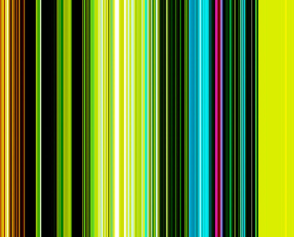 A vibrant abstract composition featuring a dense band of vertical stripes against a solid lime green background.