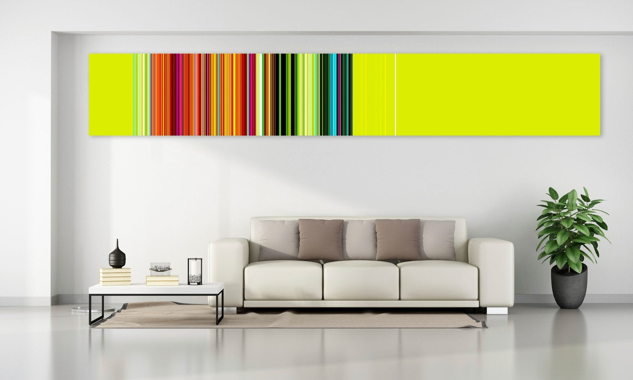 A vibrant abstract composition featuring a dense band of vertical stripes against a solid lime green background.