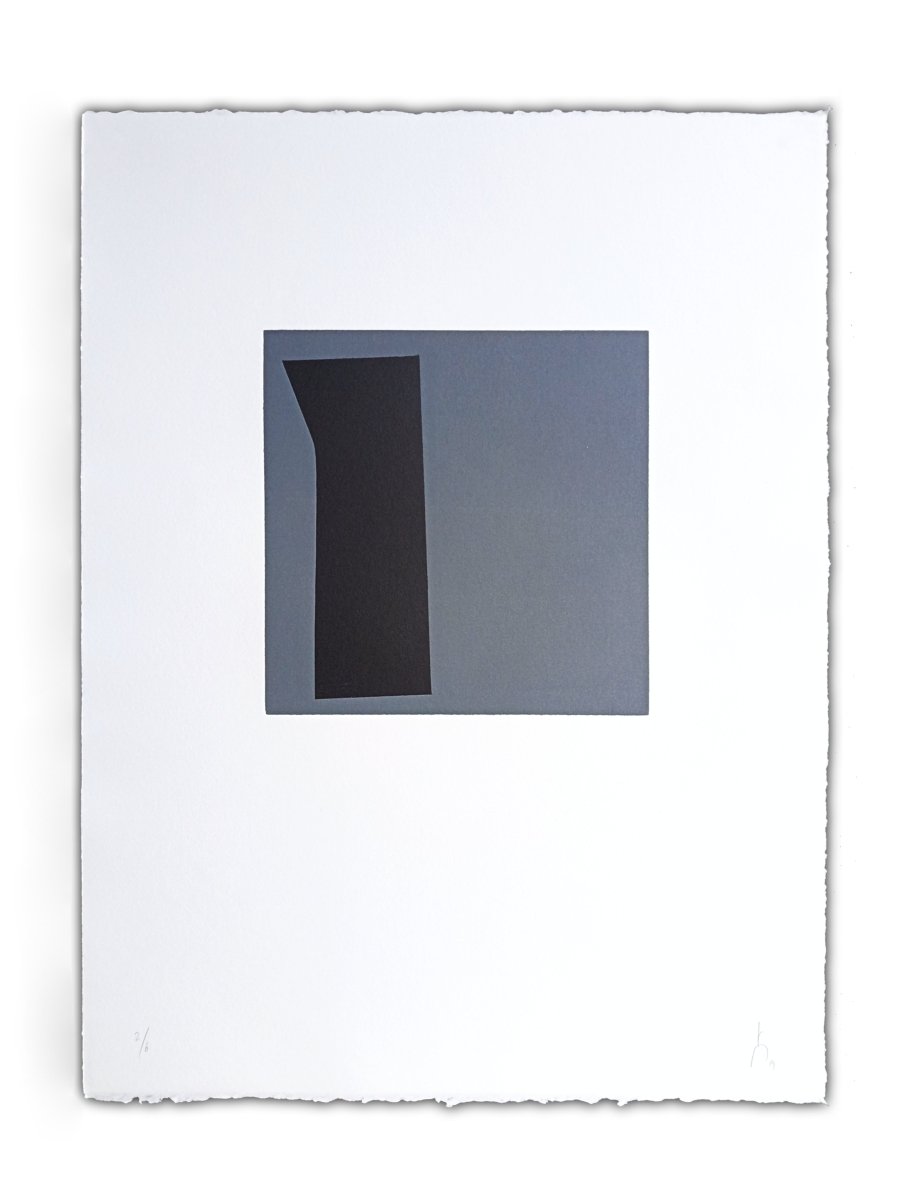 A triptych of minimalist abstract prints featuring dark geometric shapes on gray squares against white backgrounds.
