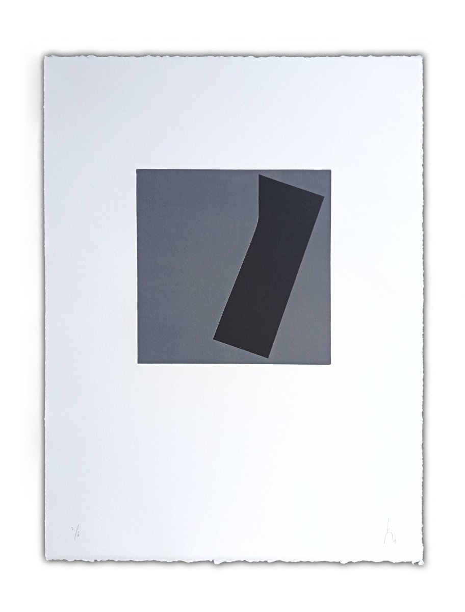 A triptych of minimalist abstract prints featuring dark geometric shapes on gray squares against white backgrounds.