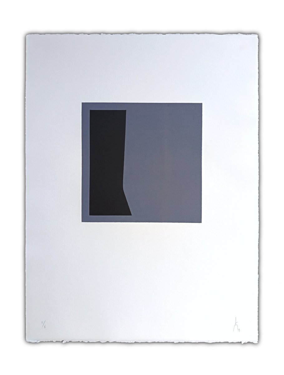 A triptych of minimalist abstract prints featuring dark geometric shapes on gray squares against white backgrounds.