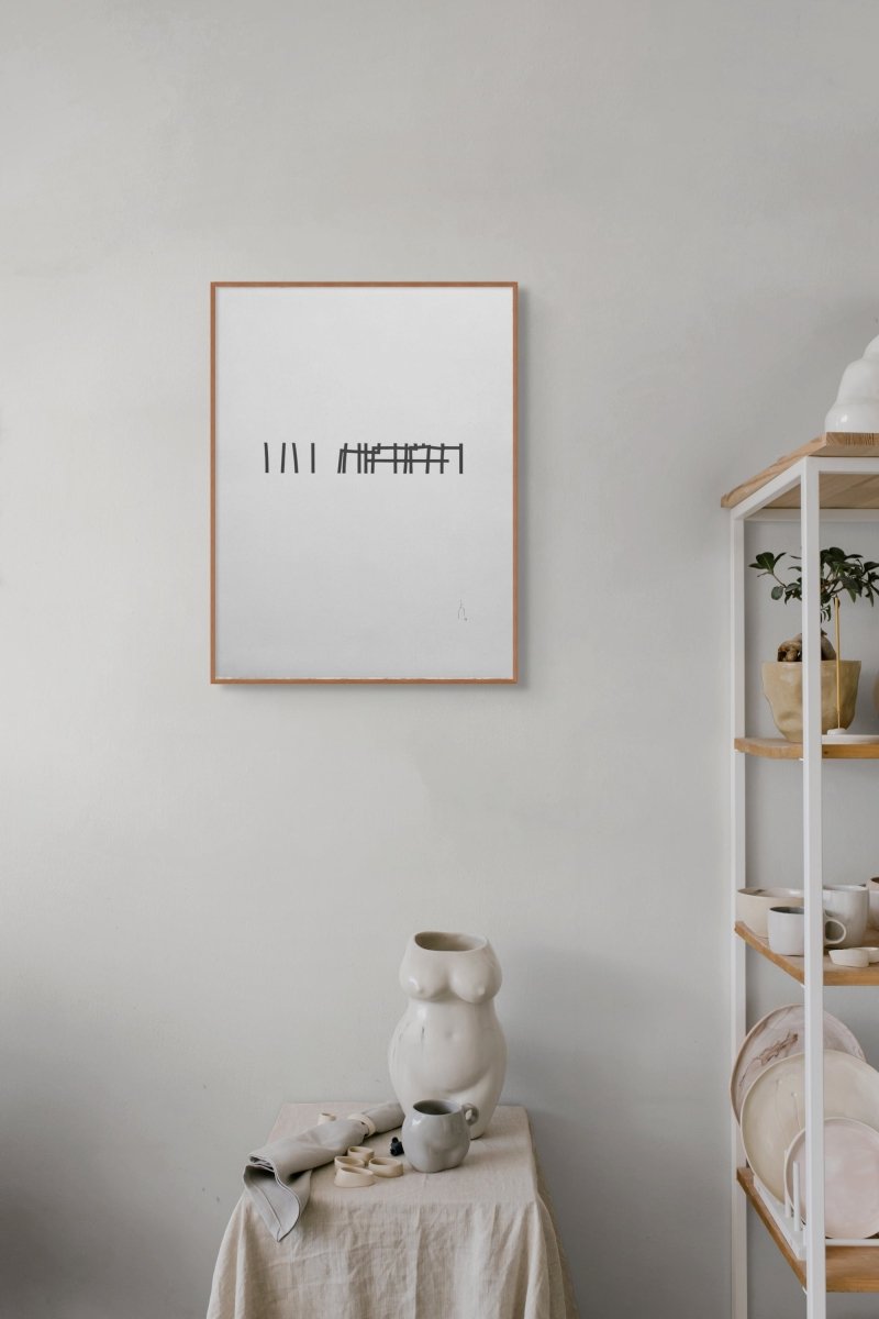 A minimalist black ink drawing on textured white paper featuring abstract vertical and horizontal lines.