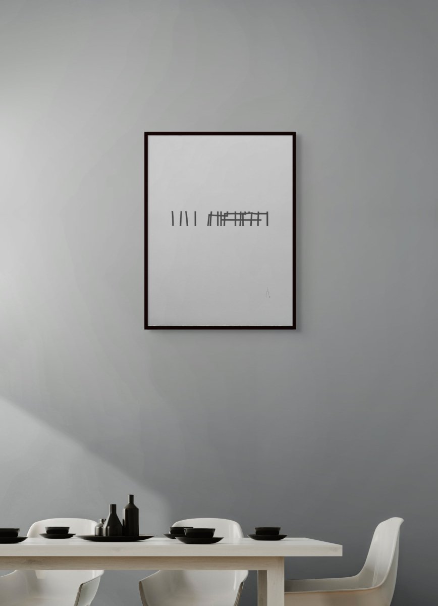 A minimalist black ink drawing on textured white paper featuring abstract vertical and horizontal lines.