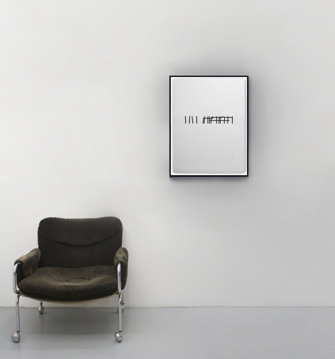 A minimalist black ink drawing on textured white paper featuring abstract vertical and horizontal lines.
