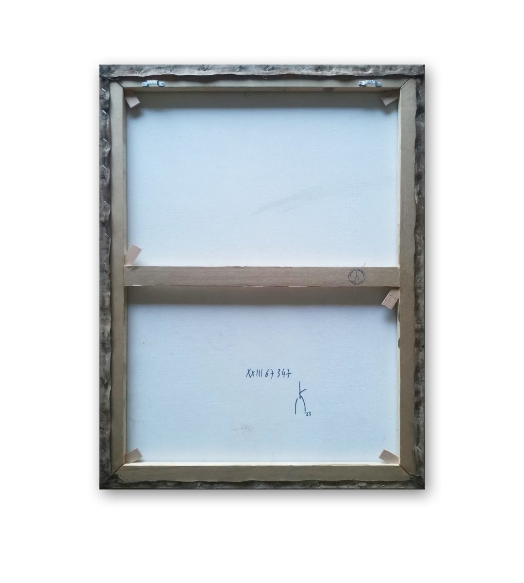A minimalist abstract composition featuring intersecting black and blue lines on a textured gray canvas.