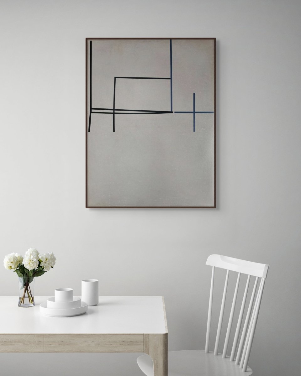 A minimalist abstract composition featuring intersecting black and blue lines on a textured gray canvas.