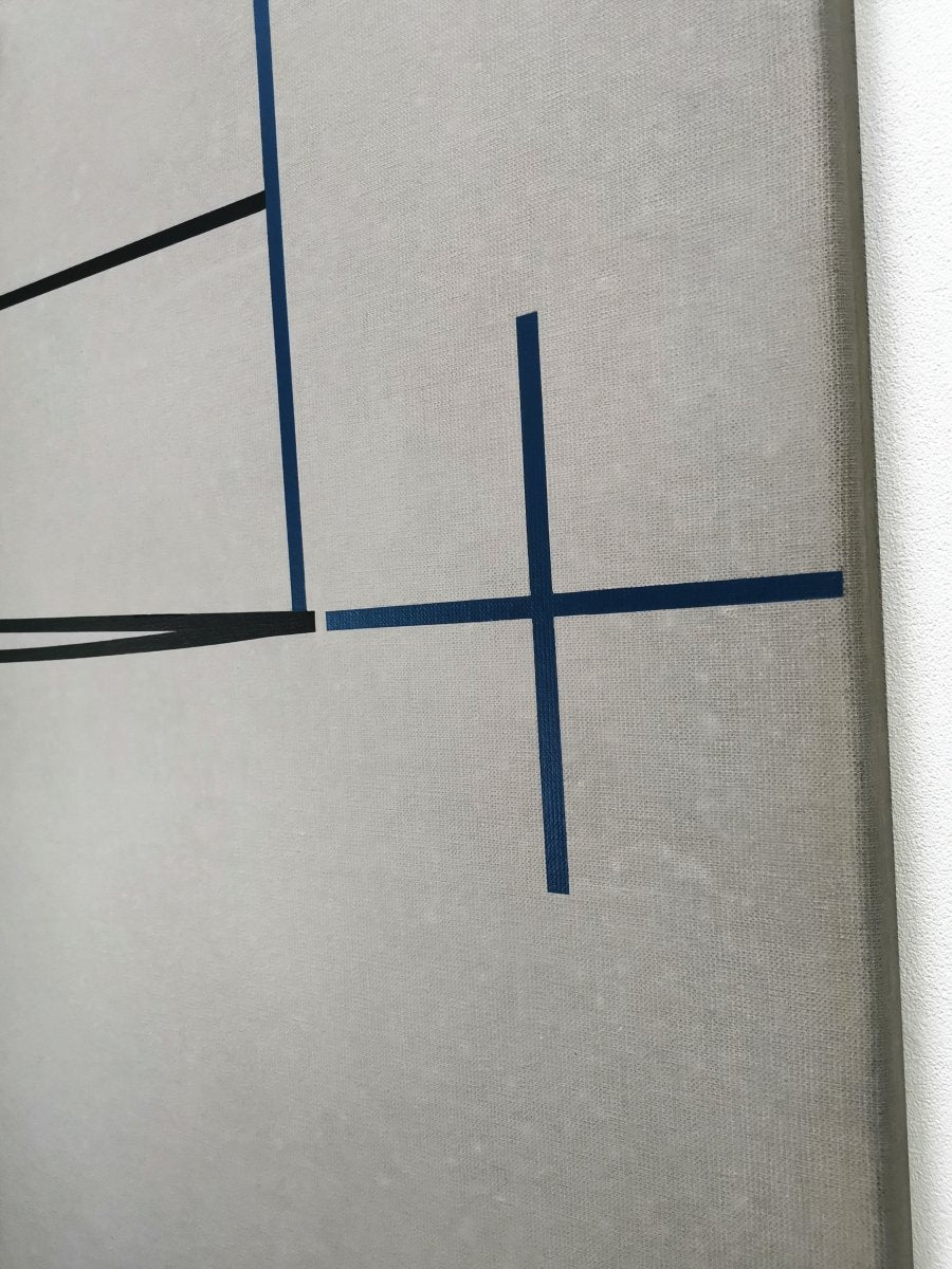 A minimalist abstract composition featuring intersecting black and blue lines on a textured gray canvas.