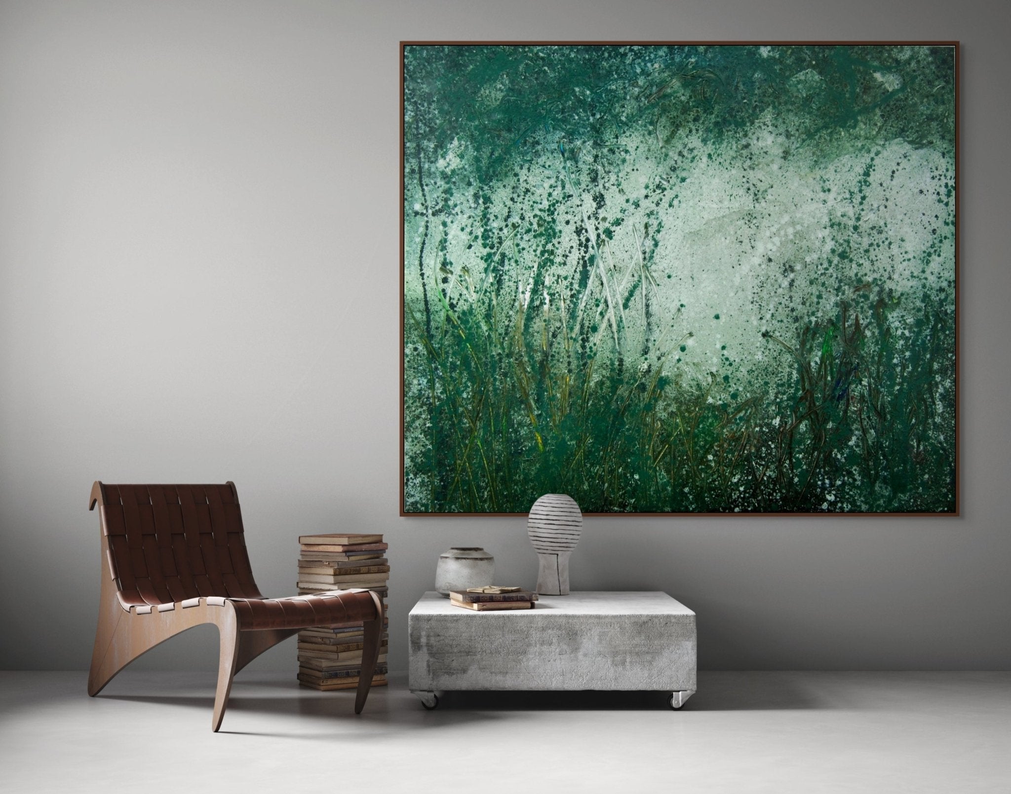 An abstract landscape featuring a grassy foreground and a misty, textured background.
