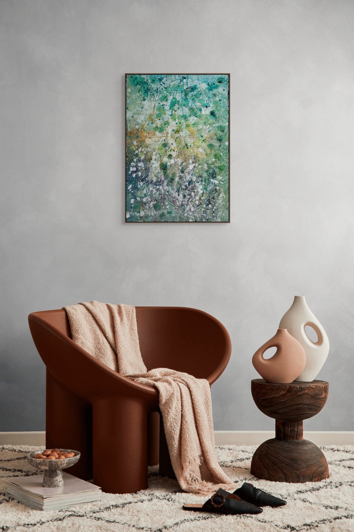 An abstract textured painting of tangled branches and foliage in a green and white palette.