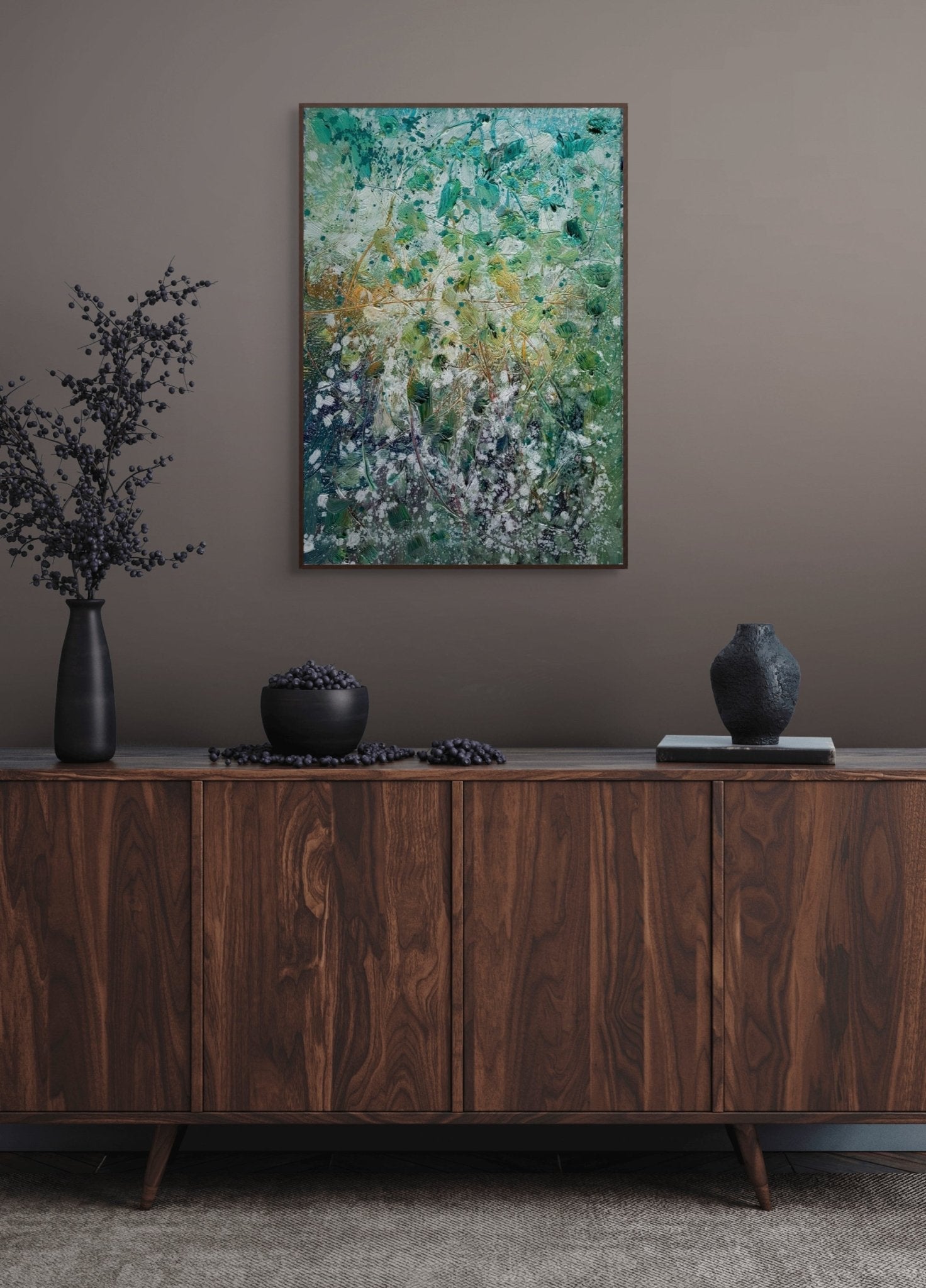 An abstract textured painting of tangled branches and foliage in a green and white palette.