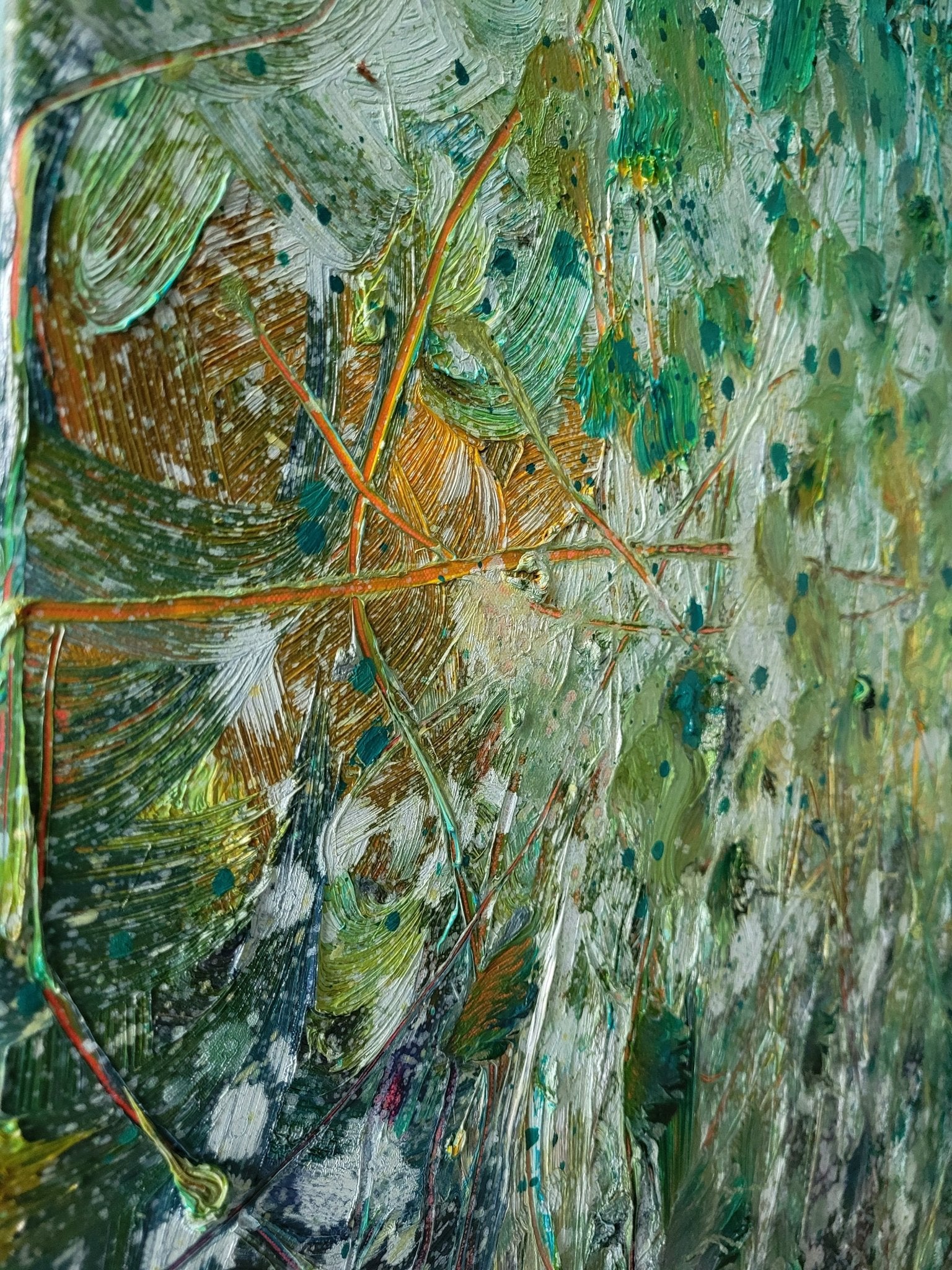 An abstract textured painting of tangled branches and foliage in a green and white palette.