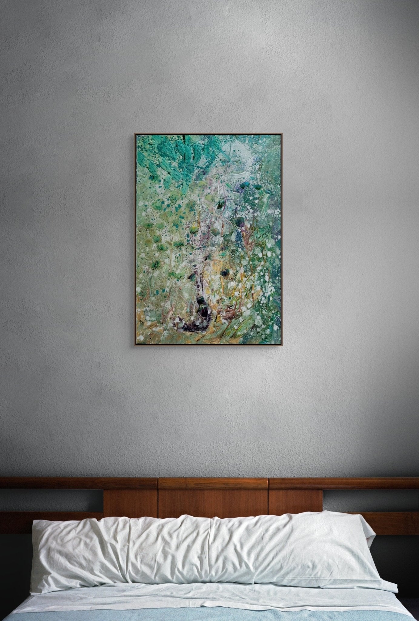 A textured landscape painting of a forest scene rendered in thick, expressive brushstrokes.