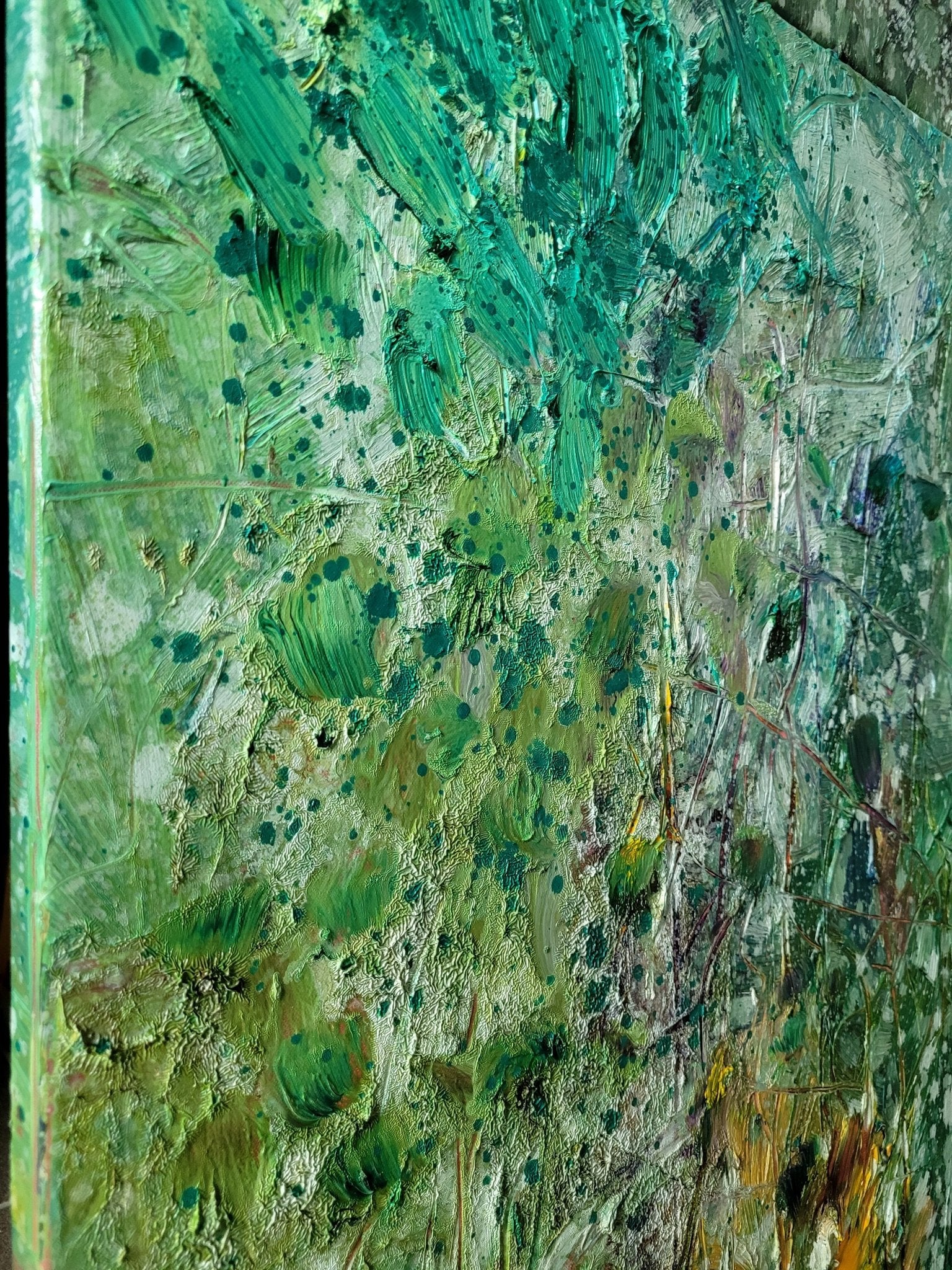 A textured landscape painting of a forest scene rendered in thick, expressive brushstrokes.