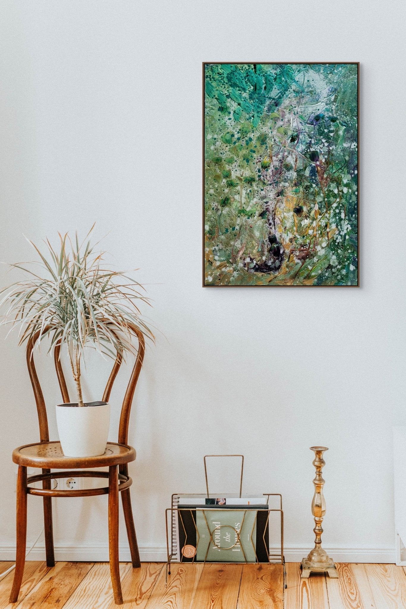 A textured landscape painting of a forest scene rendered in thick, expressive brushstrokes.