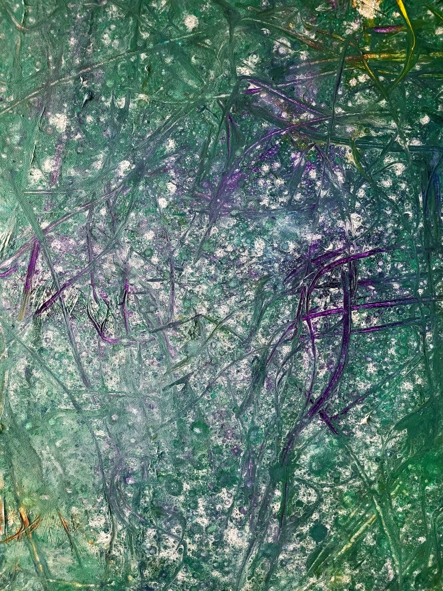 A textured abstract landscape featuring a dense field of tall grasses in cool greens and teals, punctuated by scattered white specks.