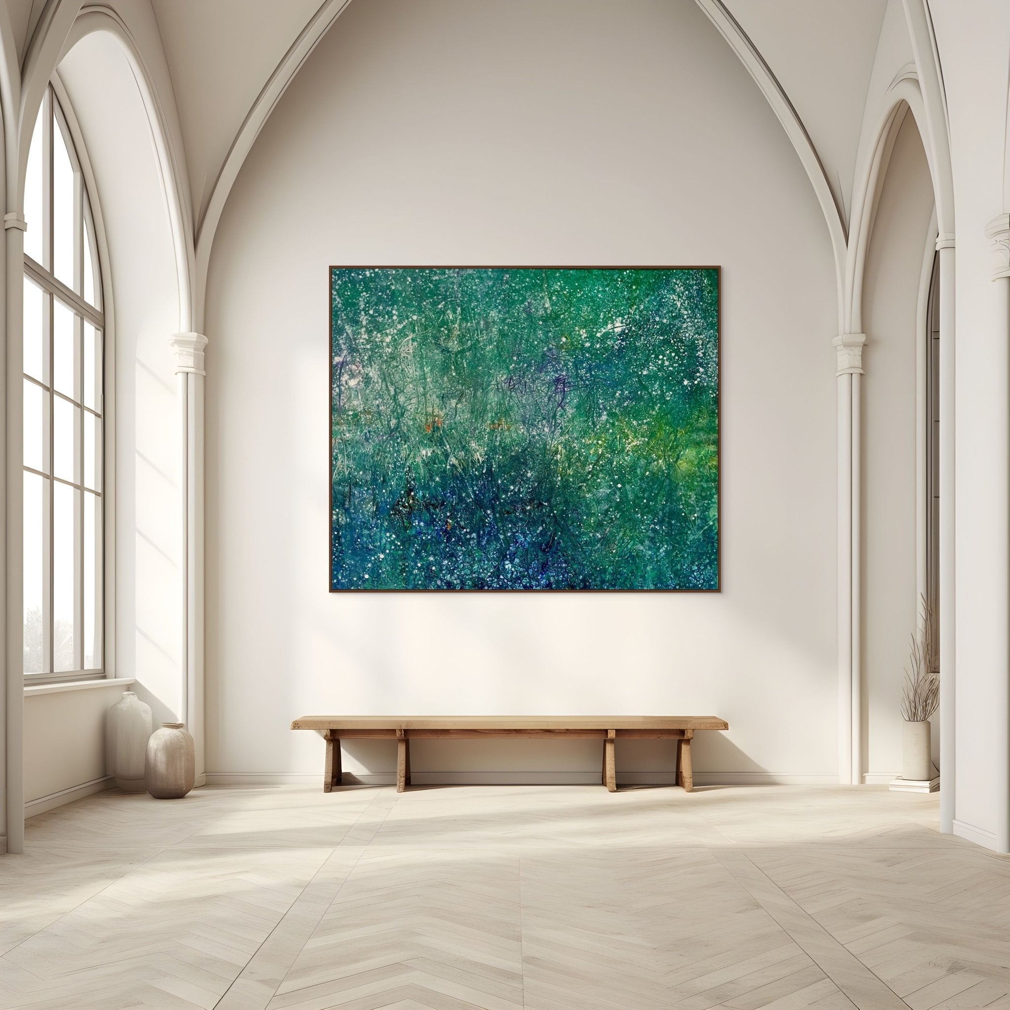 A textured abstract landscape featuring a dense field of tall grasses in cool greens and teals, punctuated by scattered white specks.
