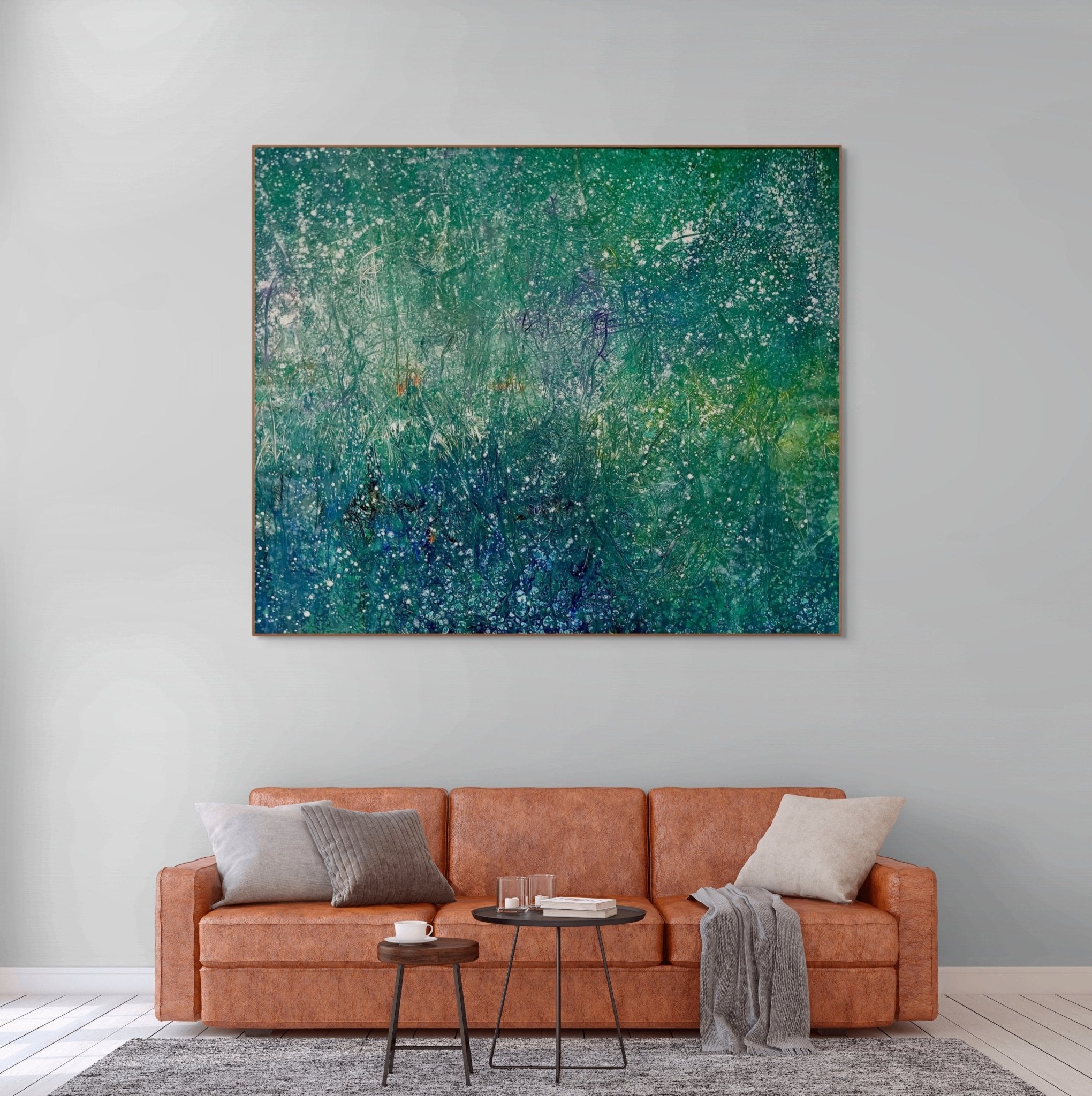 A textured abstract landscape featuring a dense field of tall grasses in cool greens and teals, punctuated by scattered white specks.