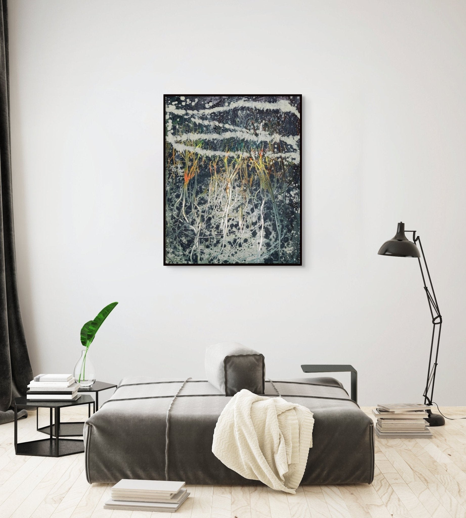 An abstract composition of tangled, root-like forms rising from a dark, textured ground.