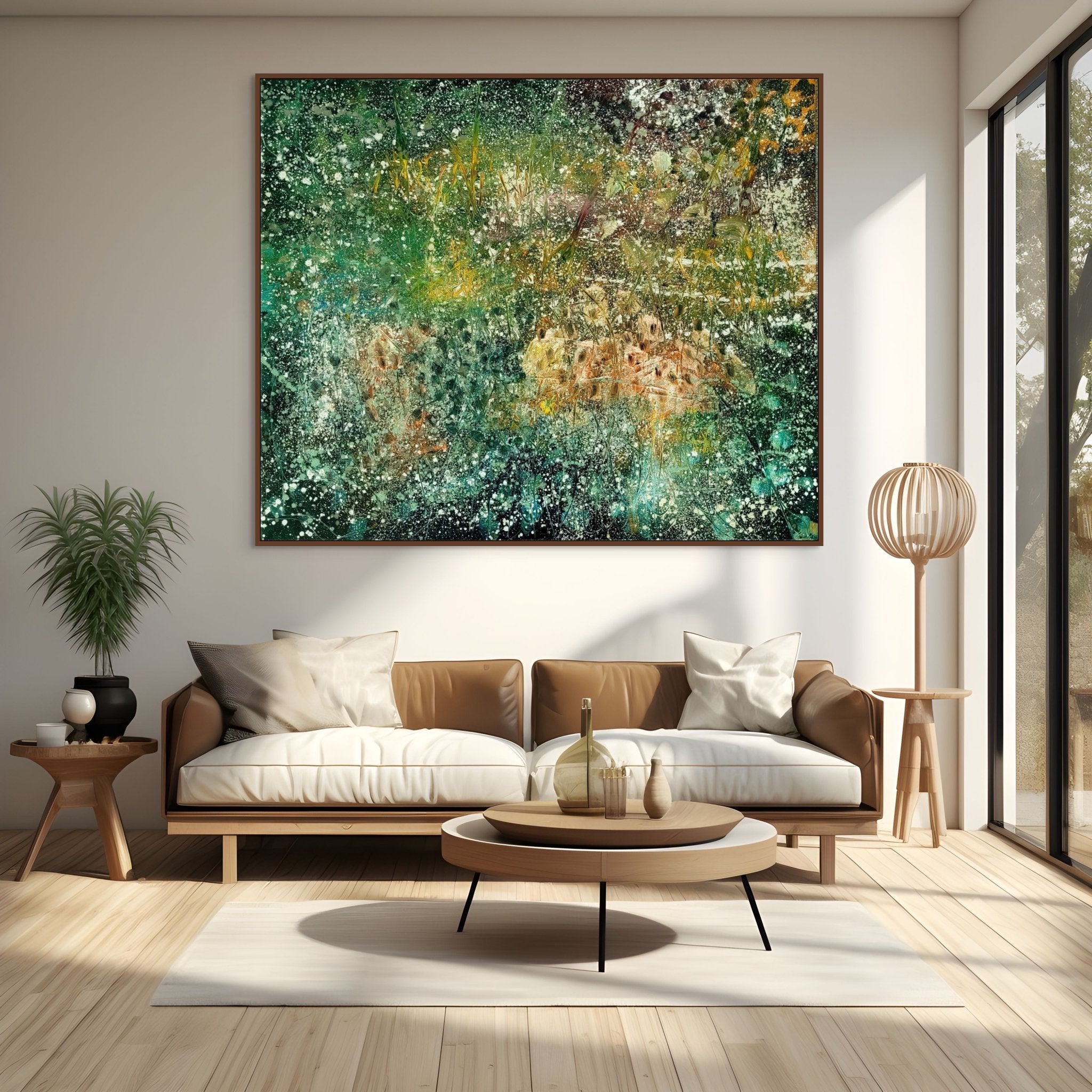 An abstract landscape painting featuring a dense, textured field of green and yellow foliage with white speckles.