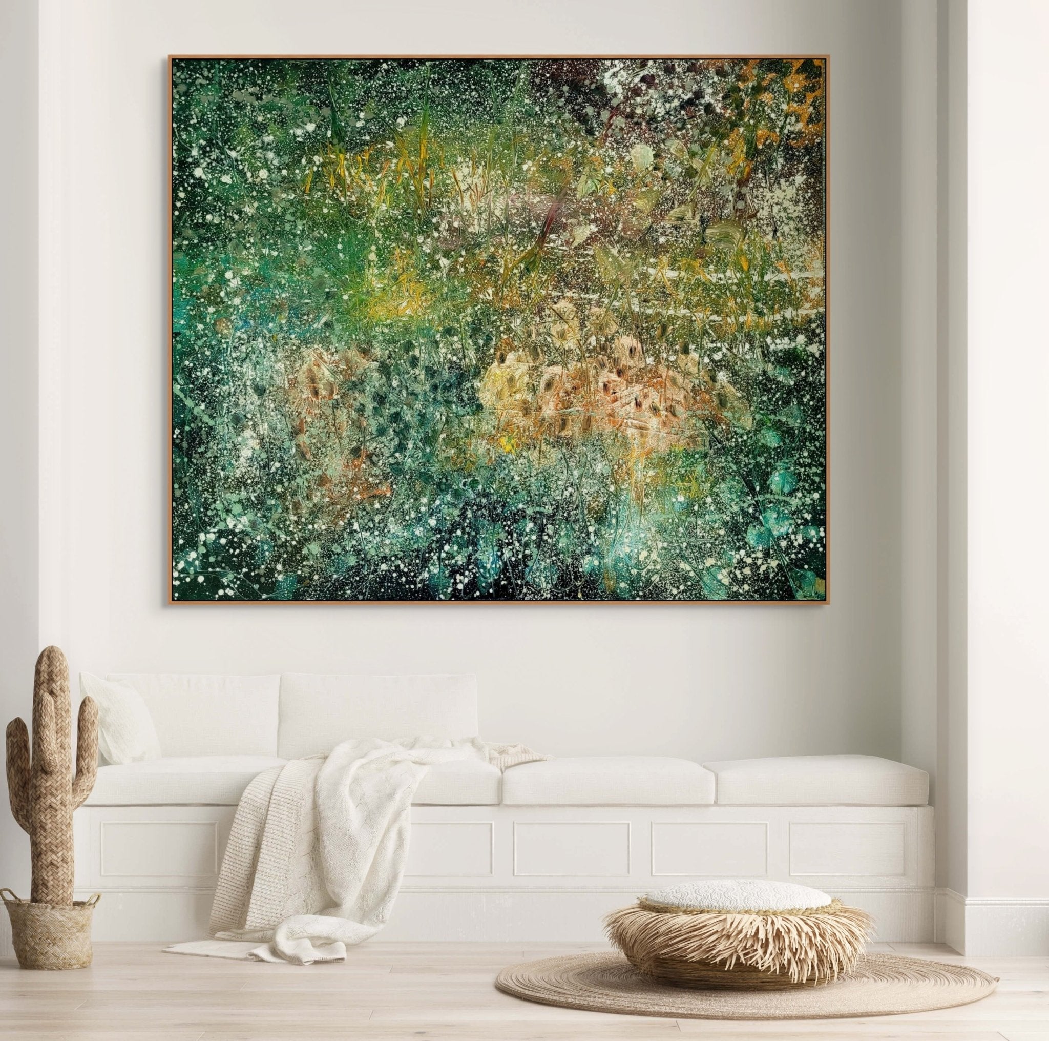 An abstract landscape painting featuring a dense, textured field of green and yellow foliage with white speckles.