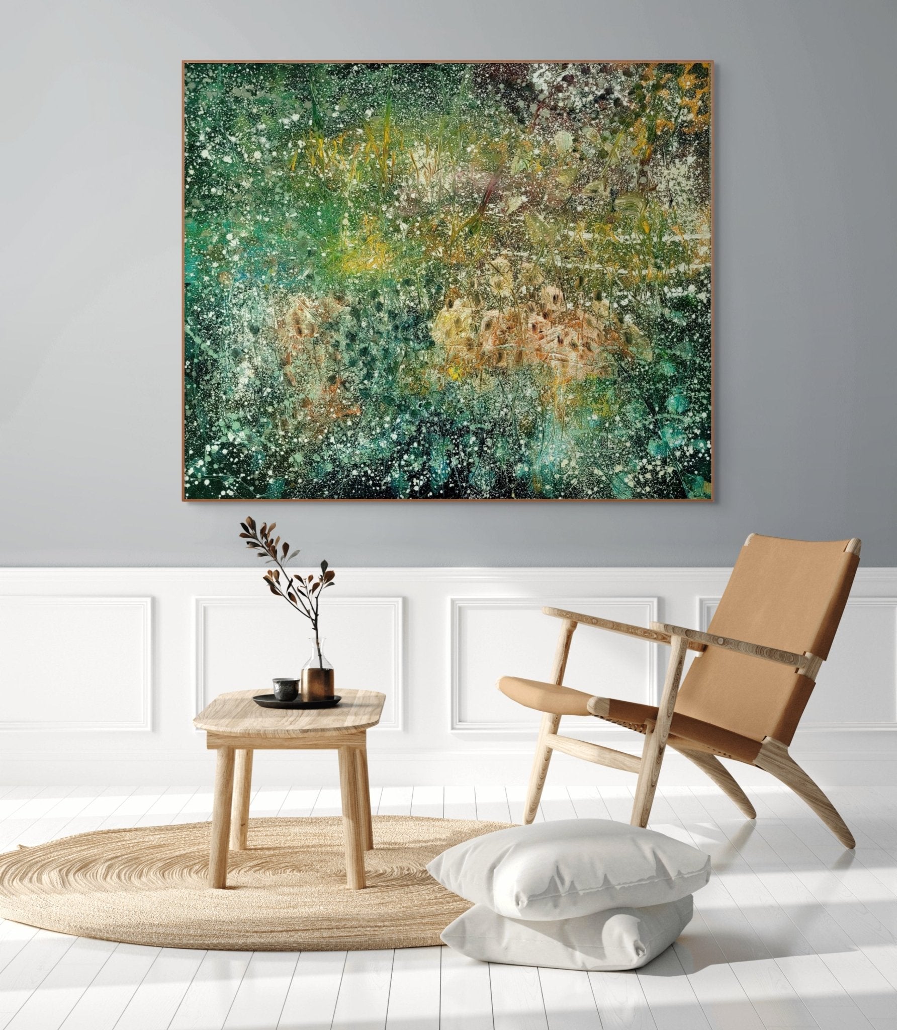 An abstract landscape painting featuring a dense, textured field of green and yellow foliage with white speckles.