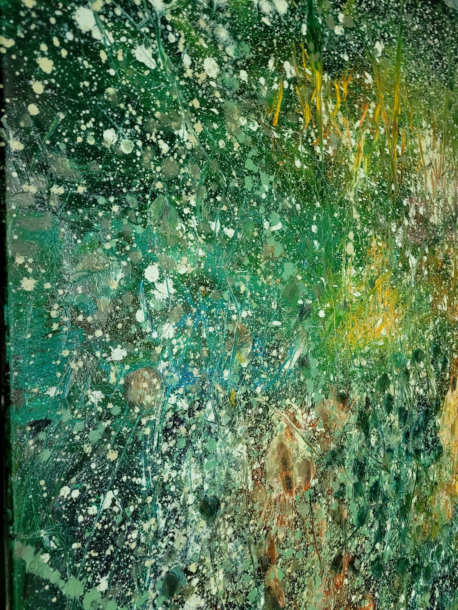 An abstract landscape painting featuring a dense, textured field of green and yellow foliage with white speckles.