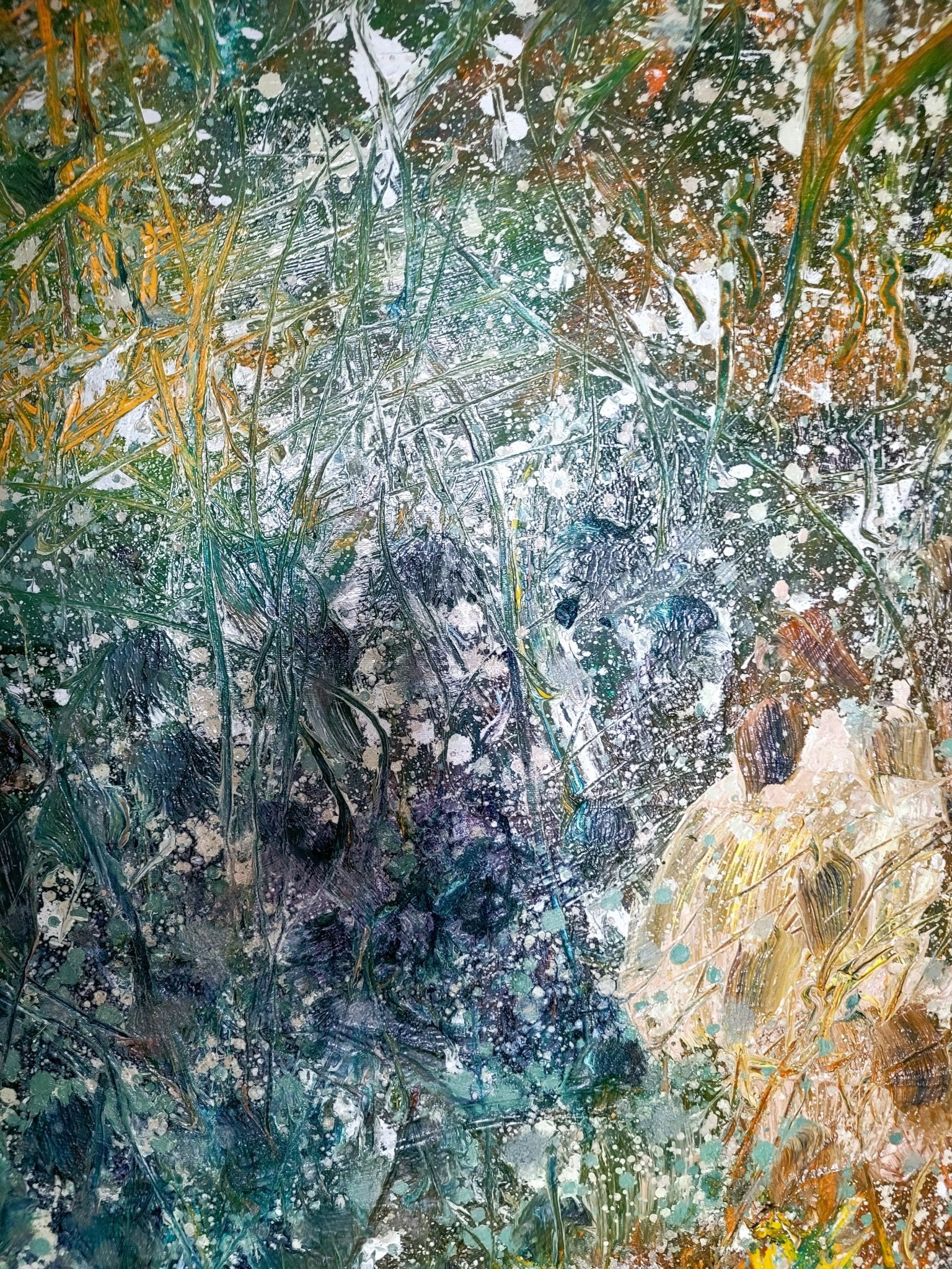 An abstract landscape painting featuring a dense, textured field of green and yellow foliage with white speckles.