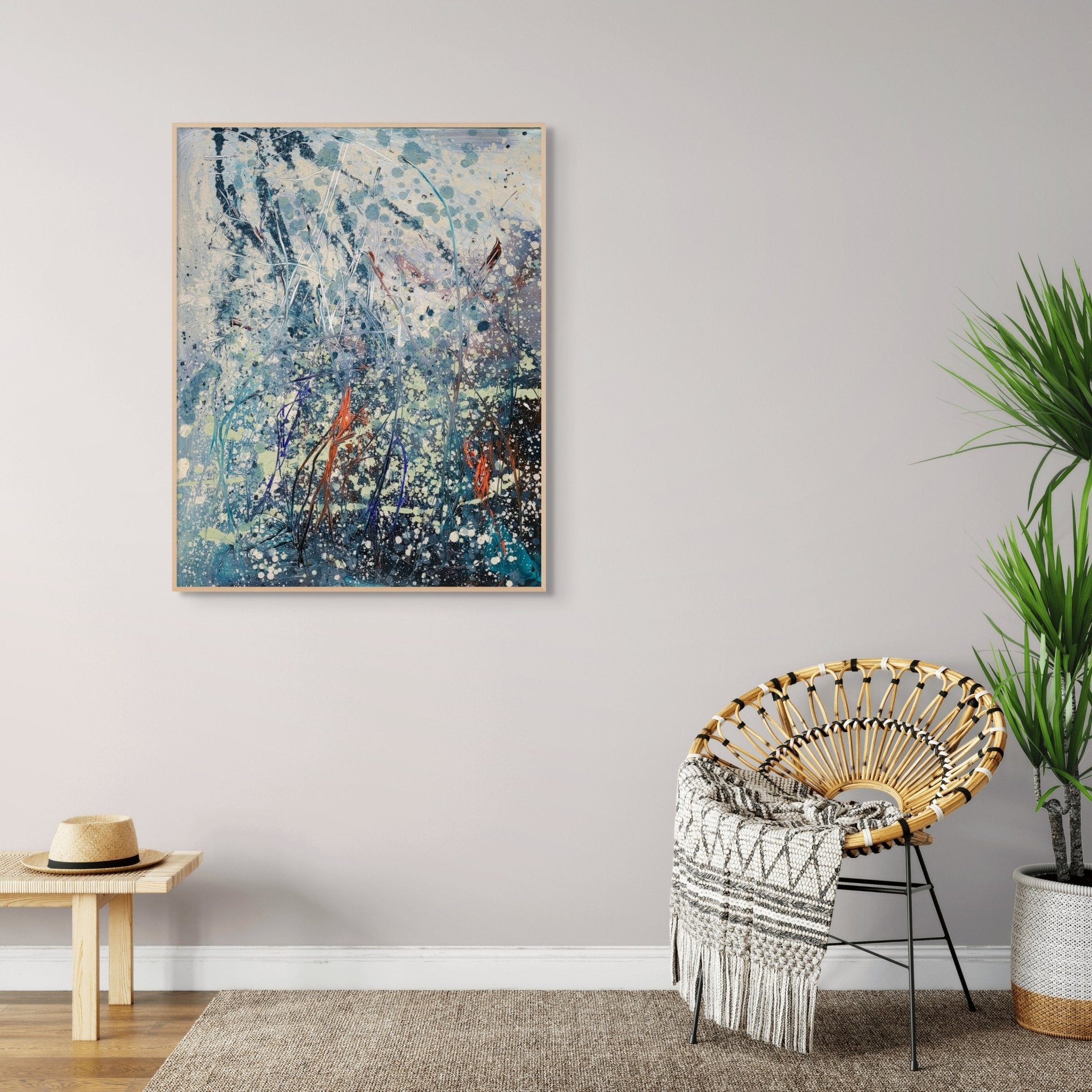An abstract composition of tangled, grass-like forms rising from a textured, splattered background.