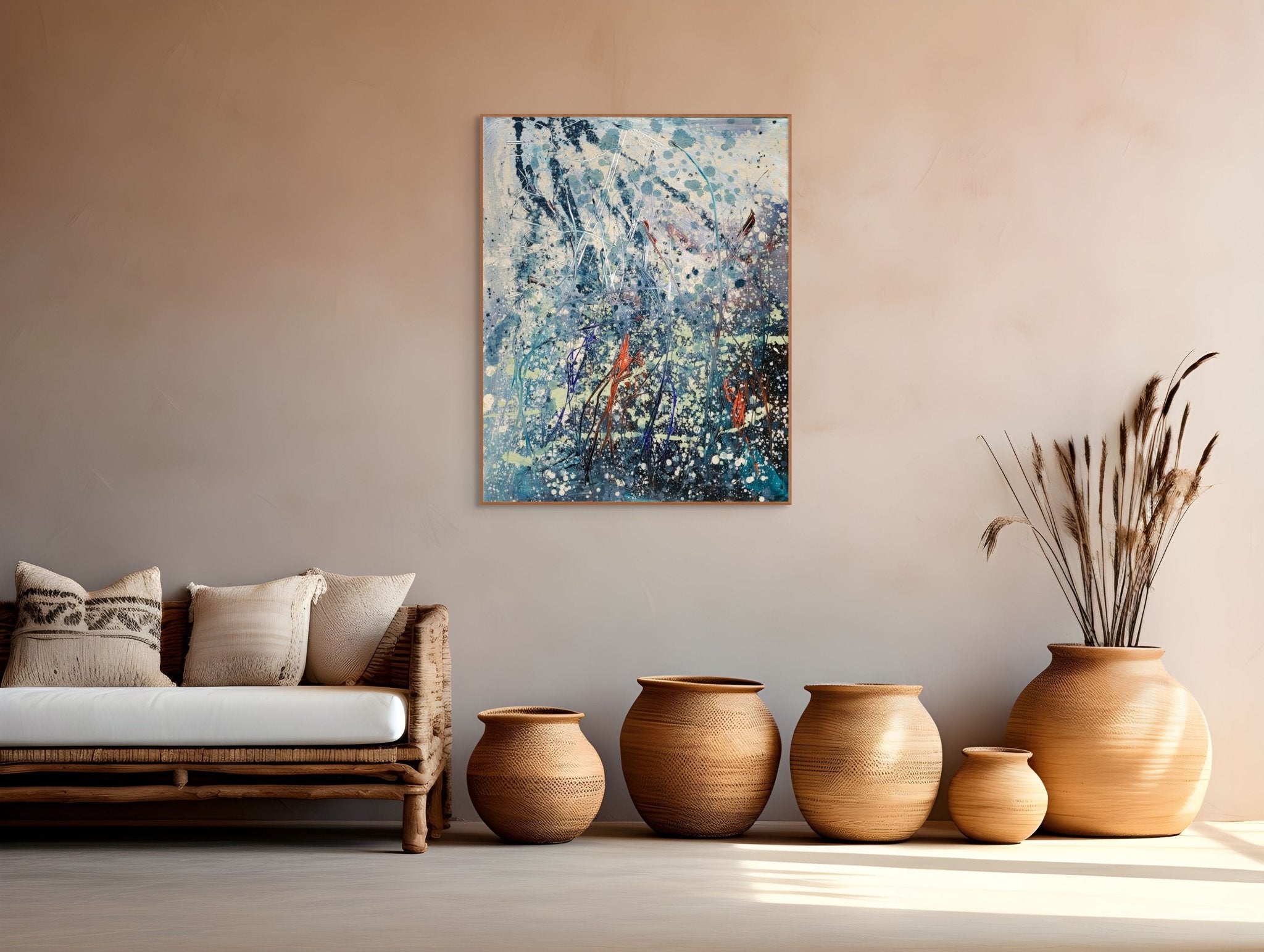 An abstract composition of tangled, grass-like forms rising from a textured, splattered background.