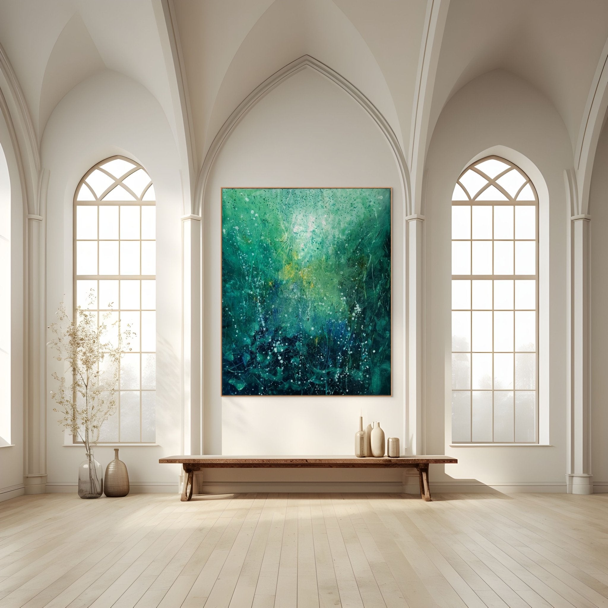 An abstract green and blue painting with a glowing center.