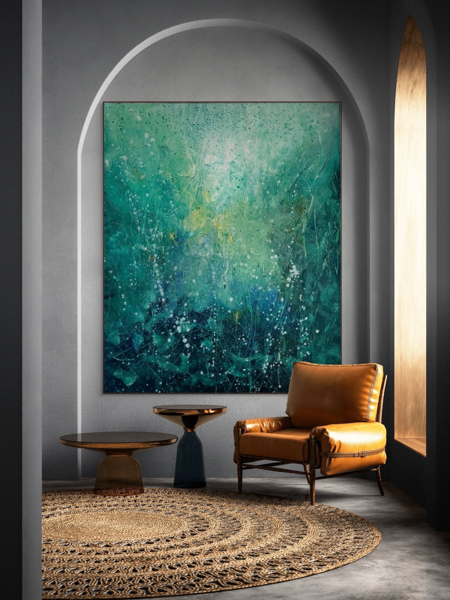 An abstract green and blue painting with a glowing center.