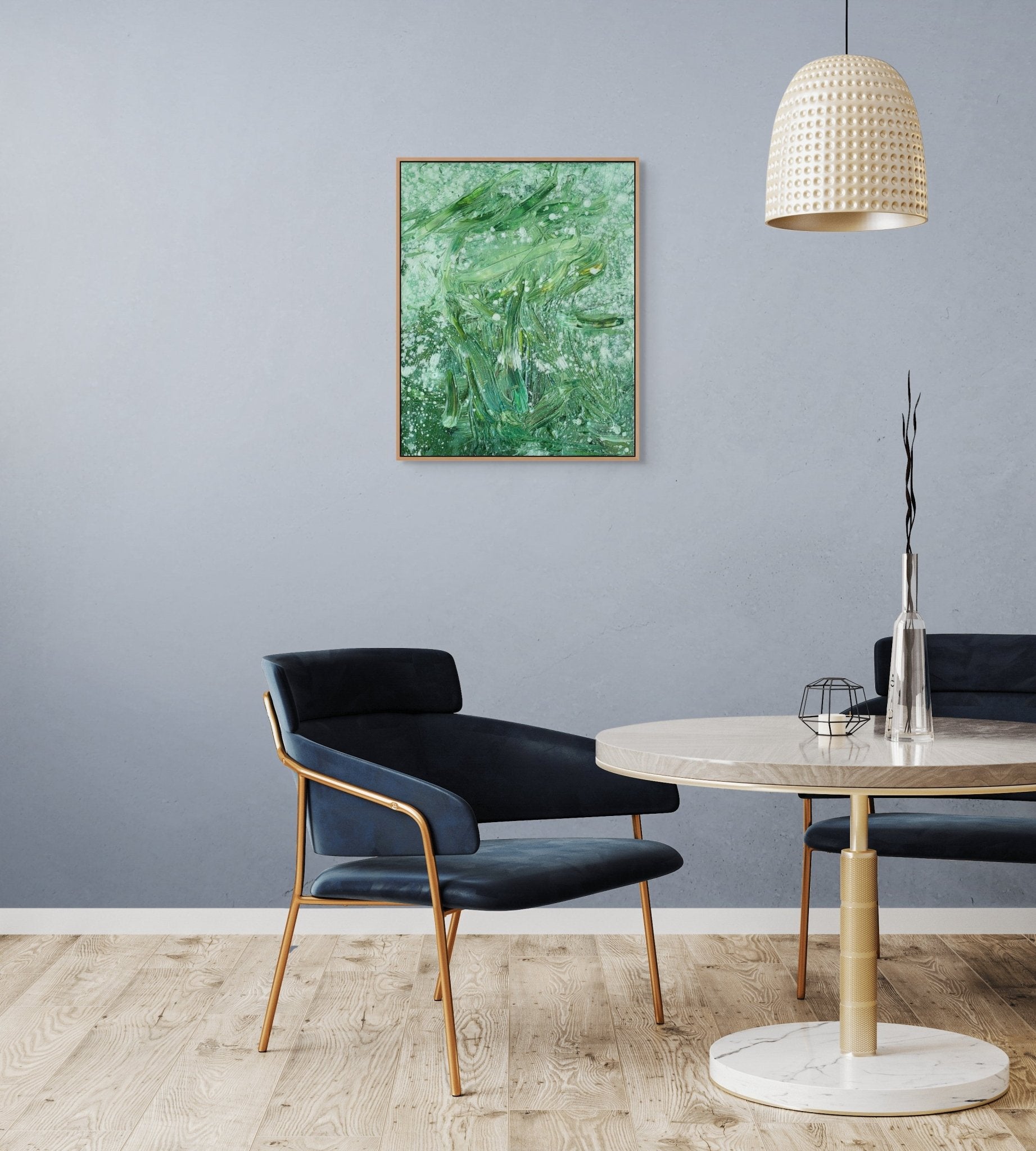 An abstract oil painting featuring a face formed by thick green brushstrokes and white splatters.