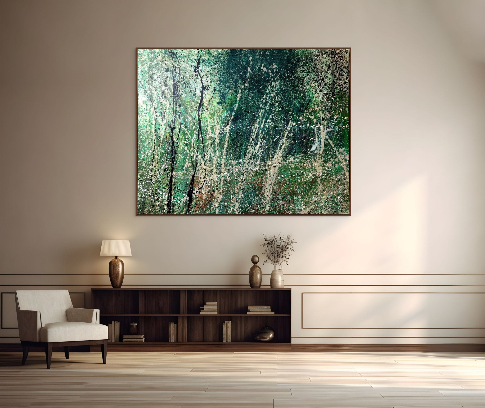 An abstract composition of a forest scene rendered in textured green, black, and white.