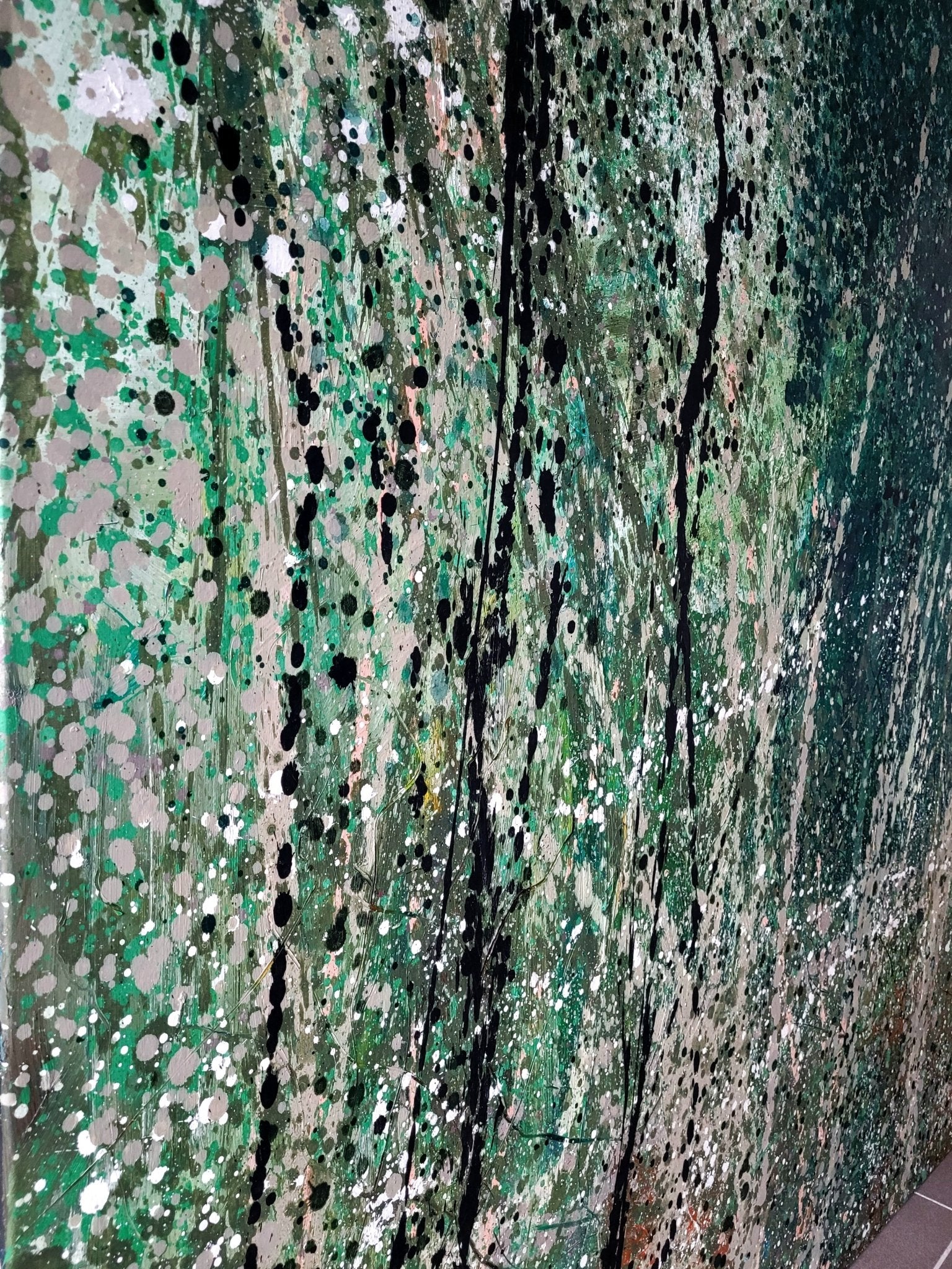 An abstract composition of a forest scene rendered in textured green, black, and white.