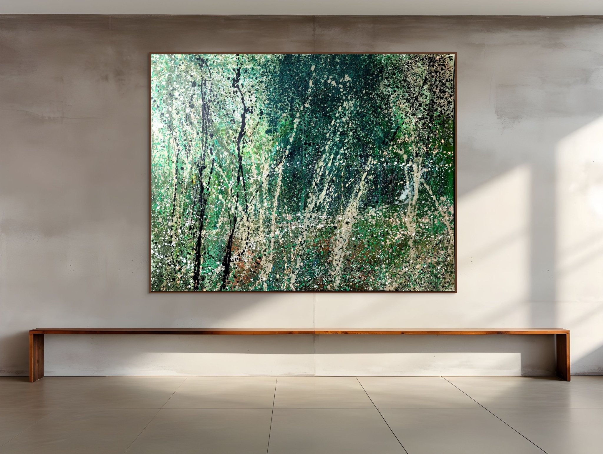 An abstract composition of a forest scene rendered in textured green, black, and white.