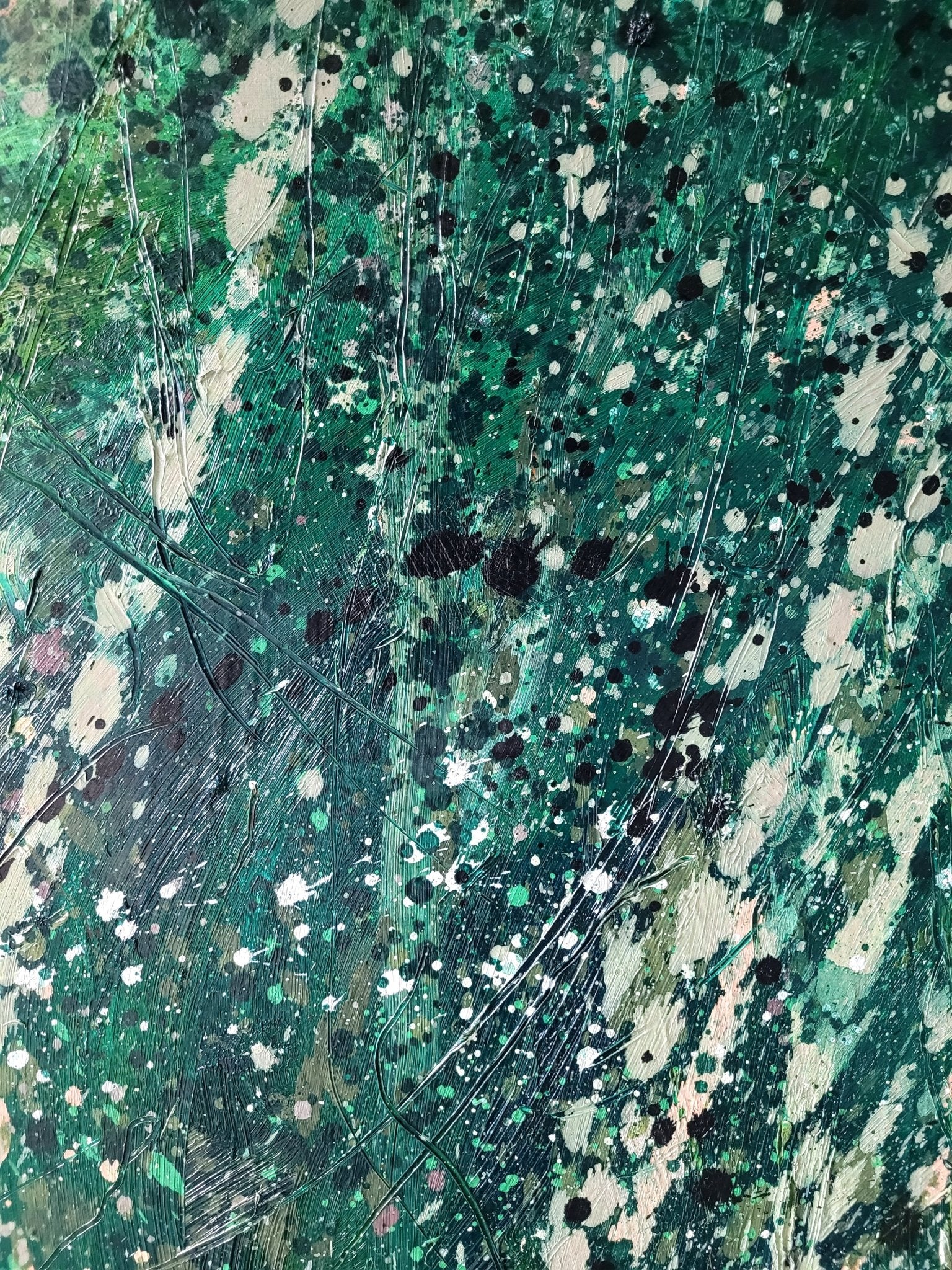 An abstract composition of a forest scene rendered in textured green, black, and white.