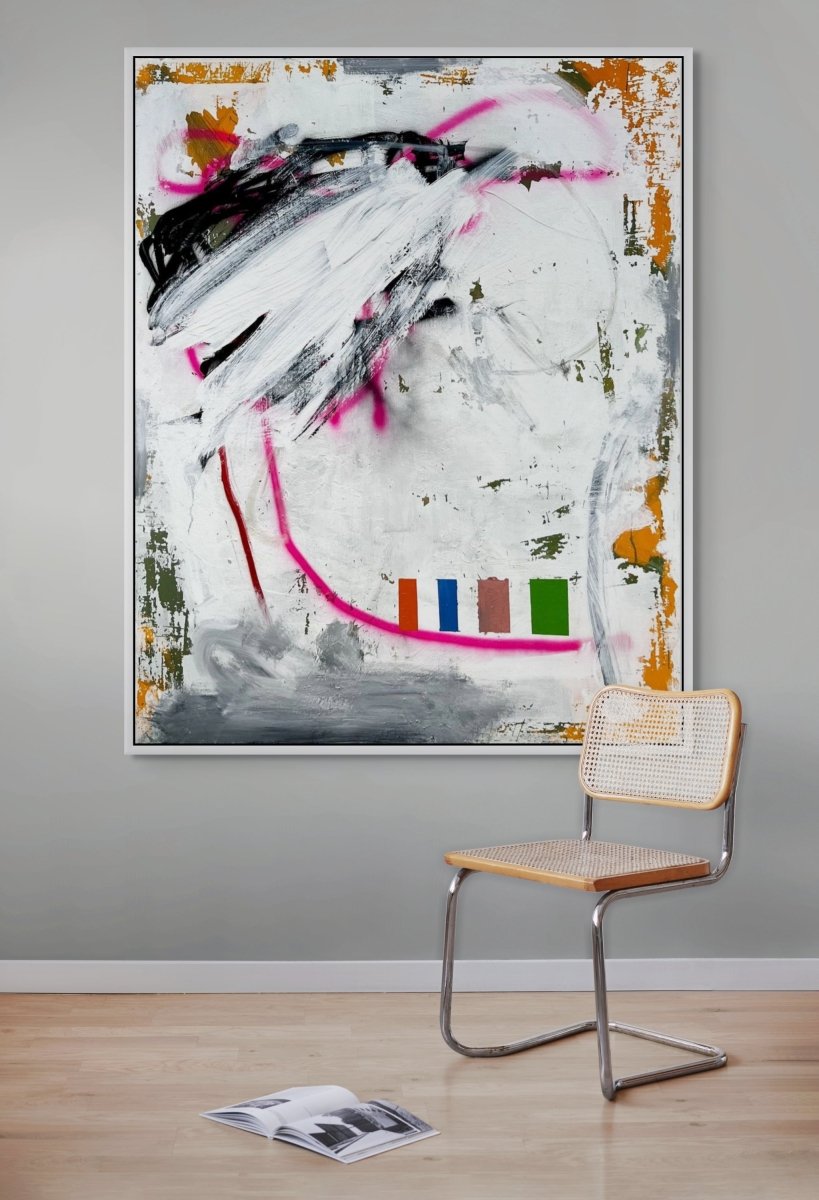 An abstract portrait featuring a stylized face with bold brushstrokes and a vibrant color palette.