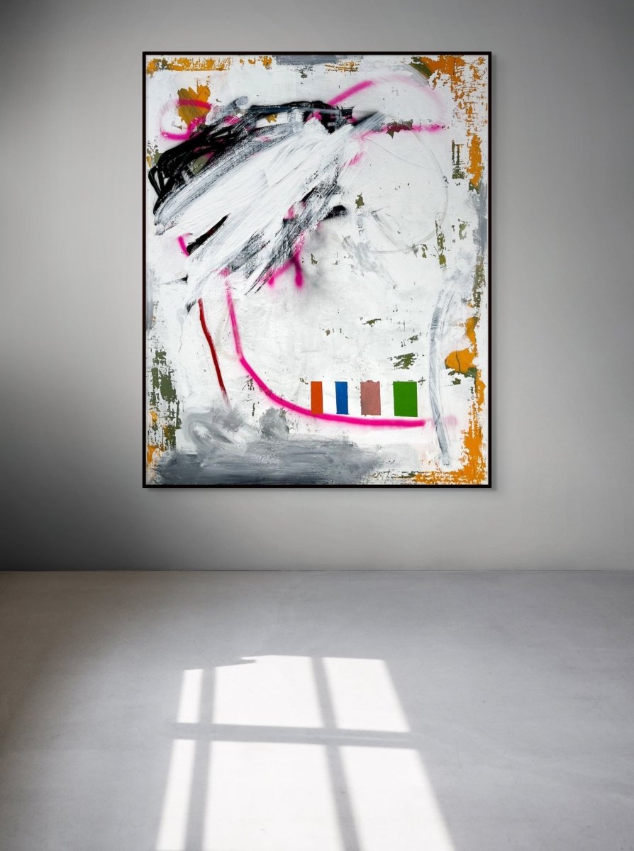 An abstract portrait featuring a stylized face with bold brushstrokes and a vibrant color palette.