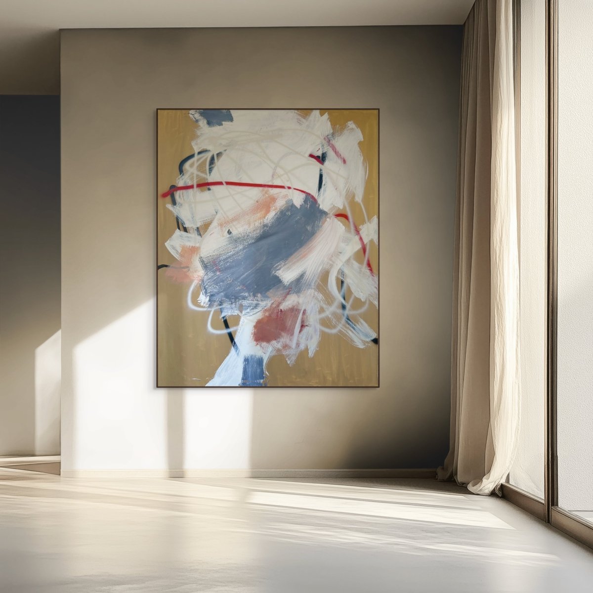 An abstract portrait study featuring a face profile in profile against a gold background.