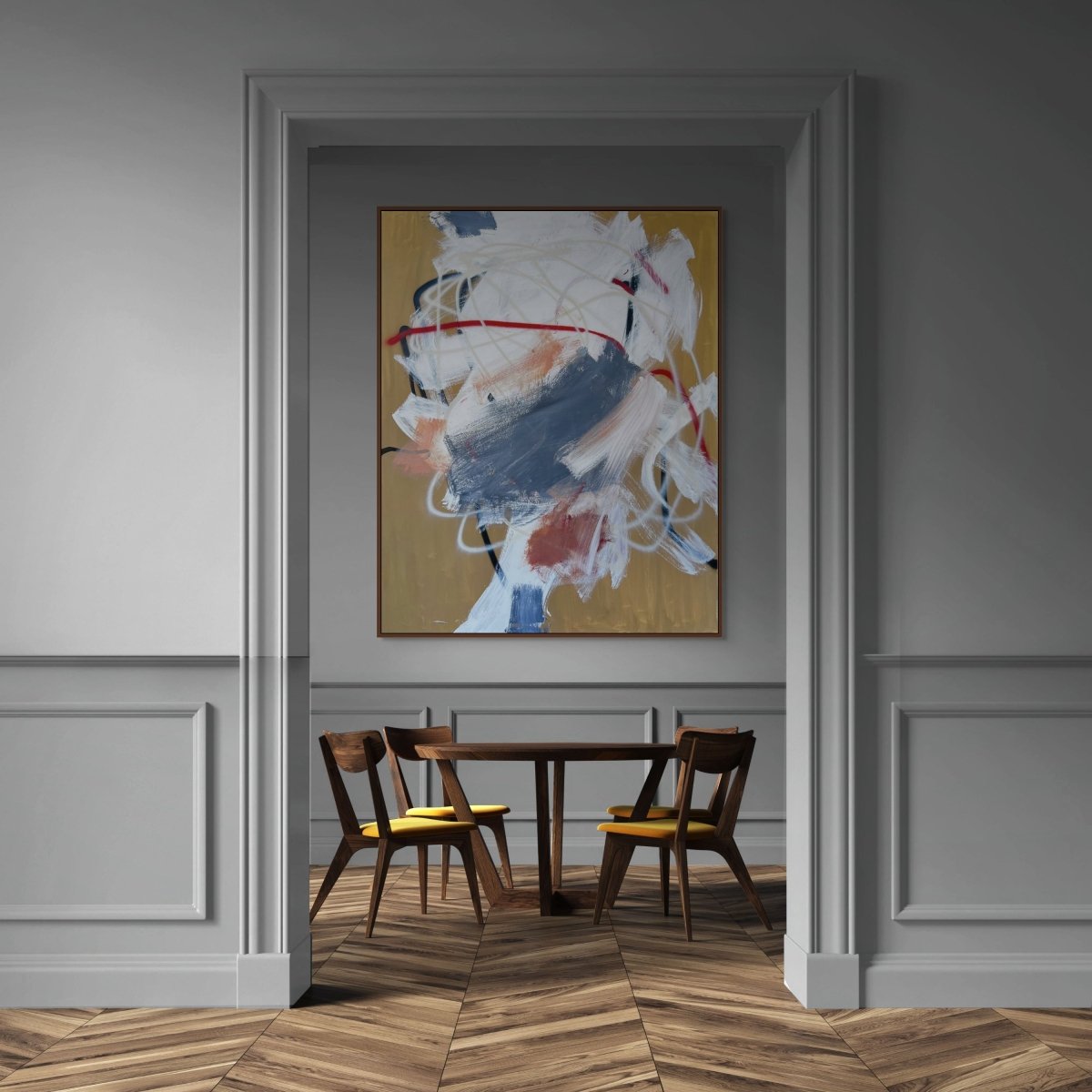 An abstract portrait study featuring a face profile in profile against a gold background.