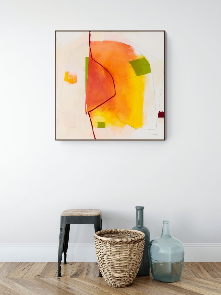 An abstract composition featuring warm orange and yellow shapes against a pale background with thin black lines.