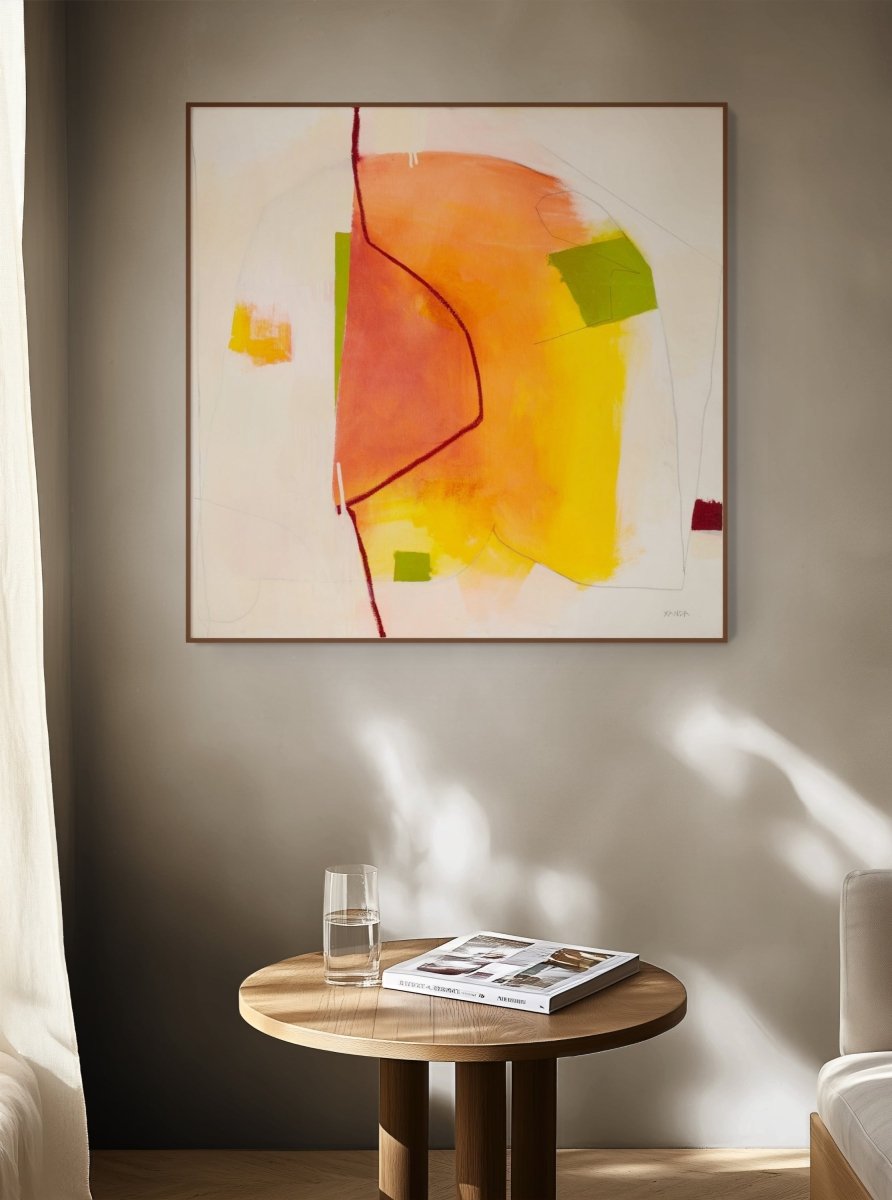 An abstract composition featuring warm orange and yellow shapes against a pale background with thin black lines.